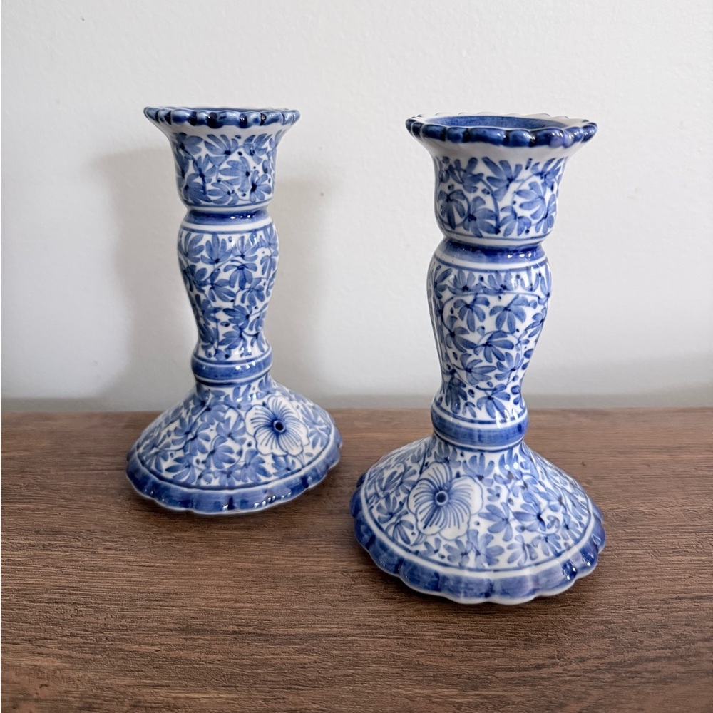 Vintage Hand Painted Blue & White Floral Candlestick Holders